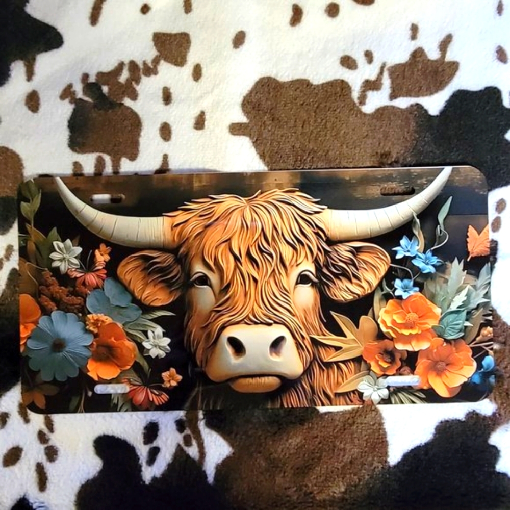 Highland Cow Floral Car Tag Handmade Vehicle License Plate